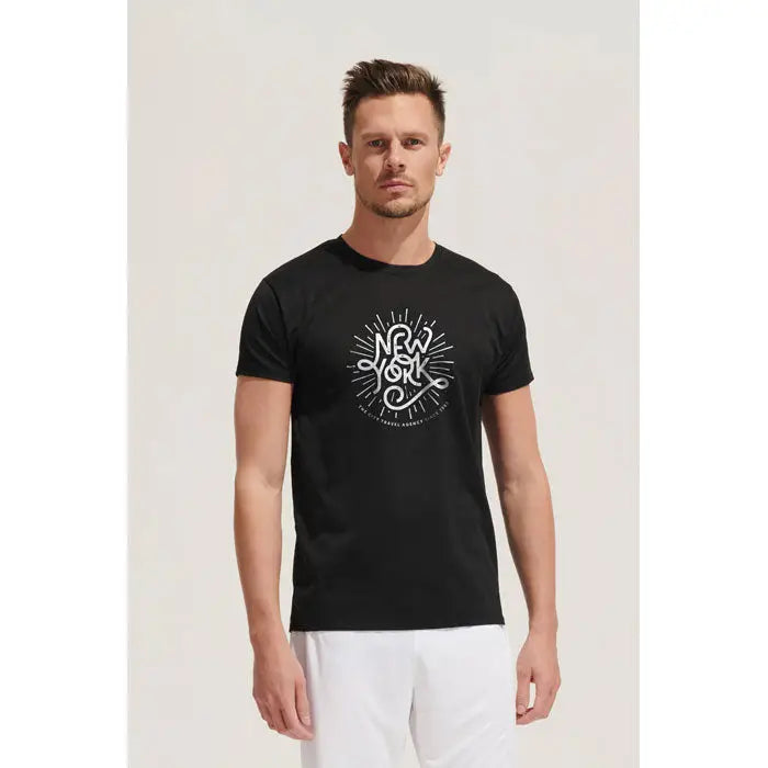 Tricou negru cu mâneci scurte trioc sprint uni 130g cu grafică albă new york și linii radiante