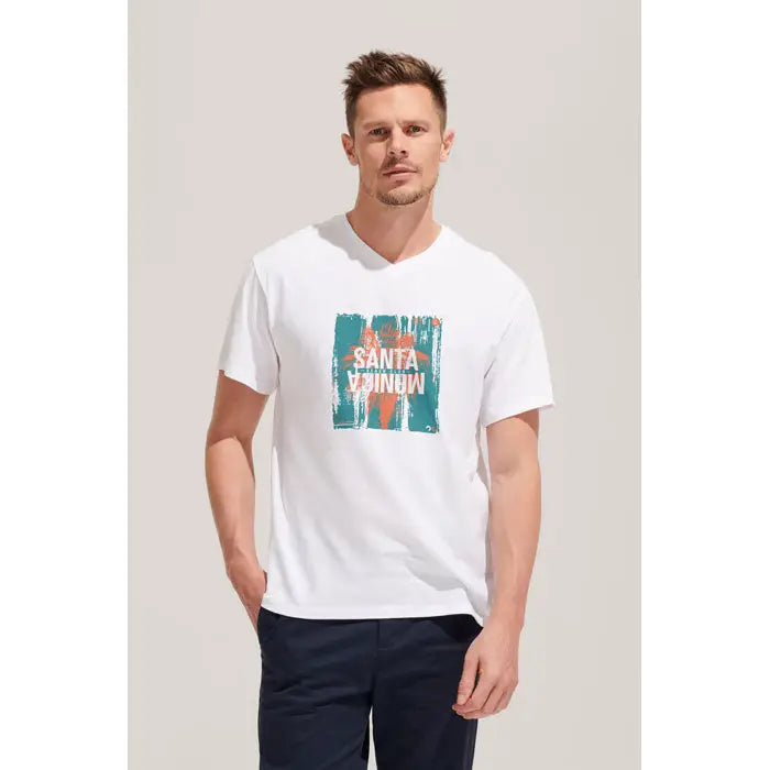 Tricou alb din bumbac trioc victory gol v 150 cu design grafic santa vaina si tușe turcoaz și portocaliu