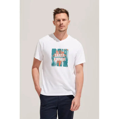 Tricou alb din bumbac trioc victory gol v 150 cu design grafic santa vaina si tușe turcoaz și portocaliu