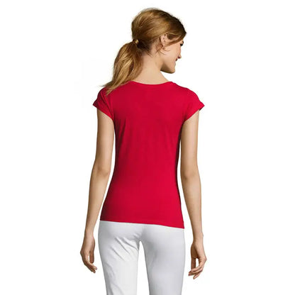 Tricou de damă trio de dămă moon roșu vibrant cu mâneci scurte și decolteu rotund cu croială mulată