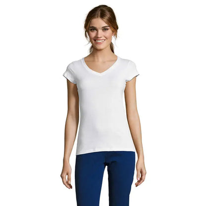 Tricou alb de damă triu de damă moon cu decolteu în v și mâneci scurte din bumbac moale