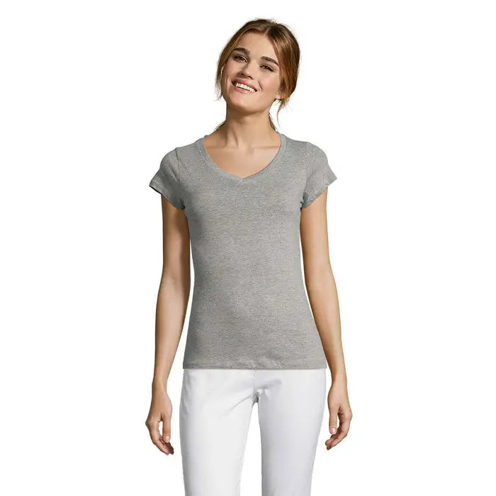 Tricou de dama moon triou de damă vneck gri melanj moale cu mâneci scurte și croială lejeră