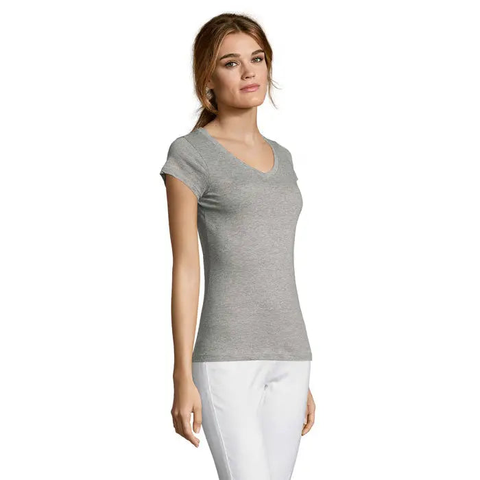 Tricou de damă trioo de dama moon cu decolteu în v, moale, gri melanj, mâneci scurte, croială lejeră