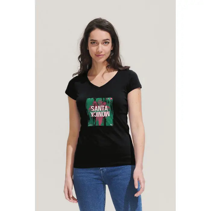 Tricou negru cu decolteu in v si imprimeu verde si roz cu textul santa monica din colectia triou de dama moon