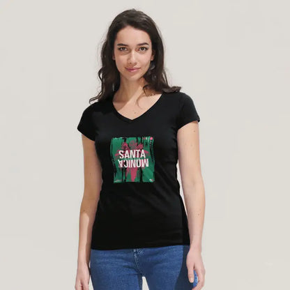 Tricou negru cu decolteu in v si print verde si roz cu textul santa monica modelul triou de dama moon
