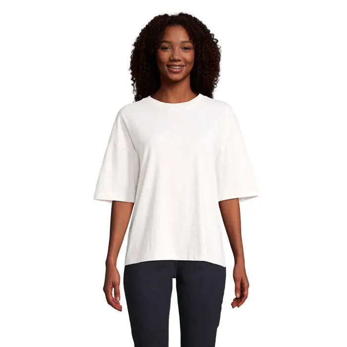 Top alb oversized pentru femei triou oversize boxy cu mâneci scurte și croială lejeră din material moale