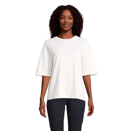 Top alb oversized cu mâneci scurte și croială relaxată cu gât rotund trio oversize boxy femeie