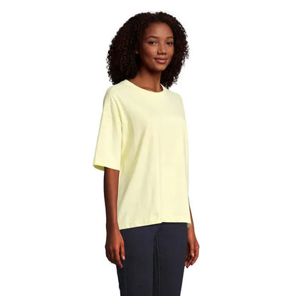 Tricou oversize boxy femeie moale galben pal cu croială relaxată și mâneci scurte din material confortabil