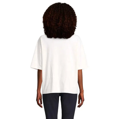 Top alb oversized cu mâneci scurte și croială lejeră din colecția triou oversize boxy femeie