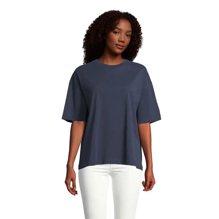 Tricou oversize navy albastru închis cu mâneci scurte și decolteu rotund simplu pentru femei