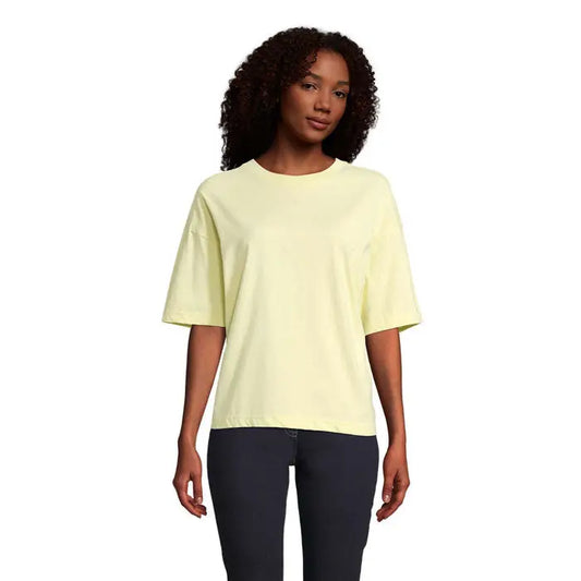 Tricou oversize boxy femeie galben pal din bumbac cu croială lejeră și mâneci scurte