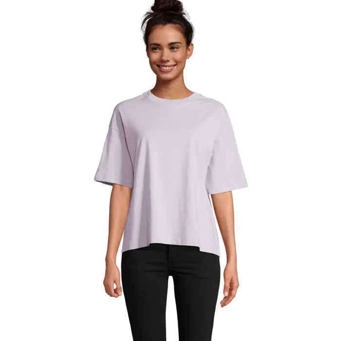 Tricou oversize boxy femeie lavanda moale cu mâneci scurte și croială lejeră pentru confort zilnic