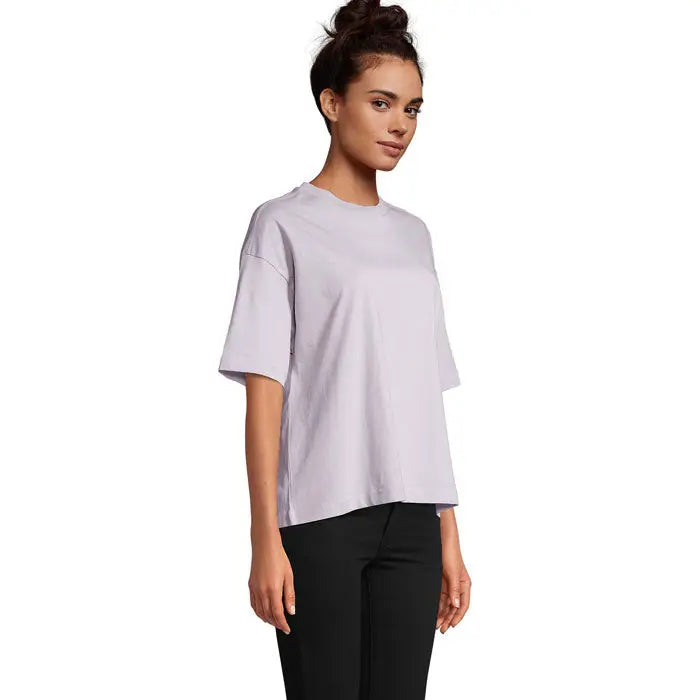 Tricou oversize boxy femeie lavanda moale cu mâneci scurte și decolteu rotund simplu