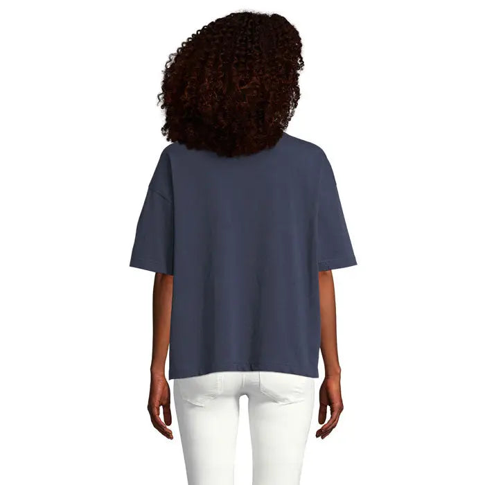 Tricou oversize navy blue femeie cu mâneci scurte, croială lejeră și tiv ușor scurtat triou oversize boxy femeie