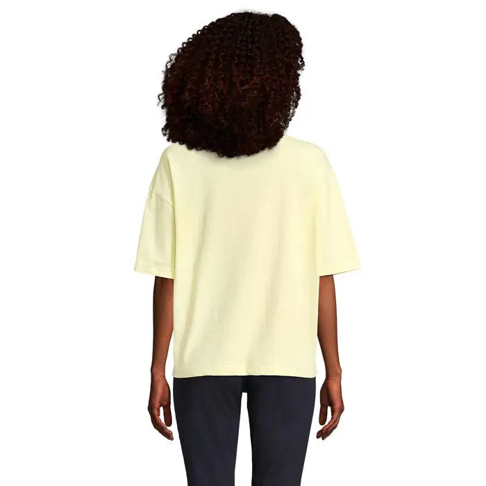 Tricou oversize boxy femeie galben pal, lejer, cu mâneci scurte și guler simplu rotund din material moale