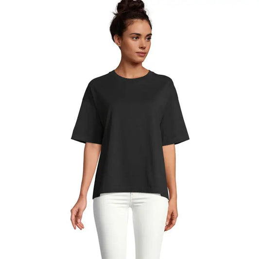 Tricou negru TRIOU oversize boxy femeie cu mâneci scurte largi și croială relaxată din material moale