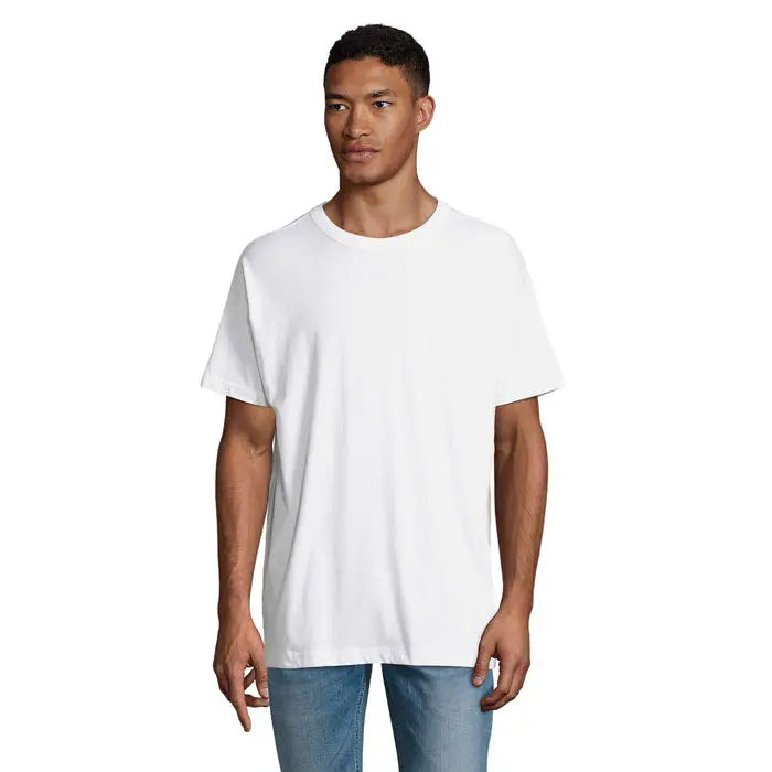Tricou alb de bărbați triou oversized boxy cu croială relaxată și guler rotund din bumbac