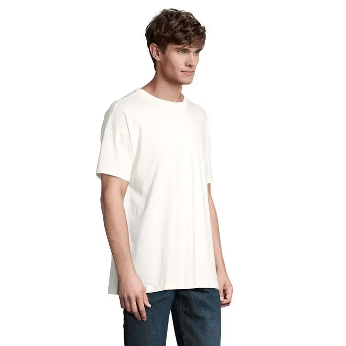 Tricou oversized boxy barbati relaxat fit off-white din bumbac cu decolteu rotund simplu