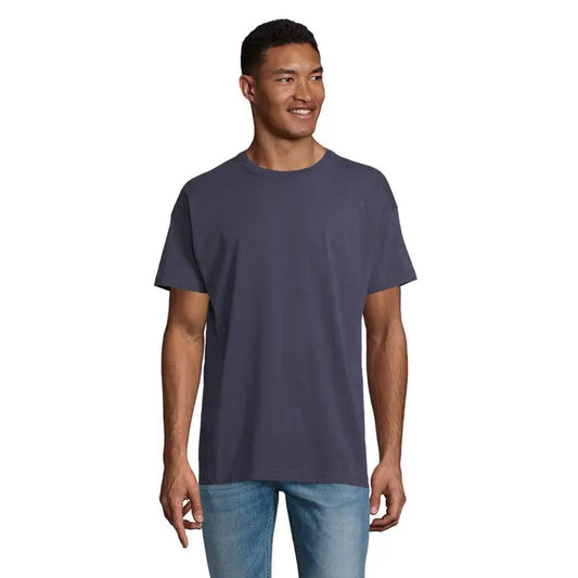 Tricou oversized boxy bărbătesc bleumarin cu mâneci scurte din bumbac moale cu guler rotund