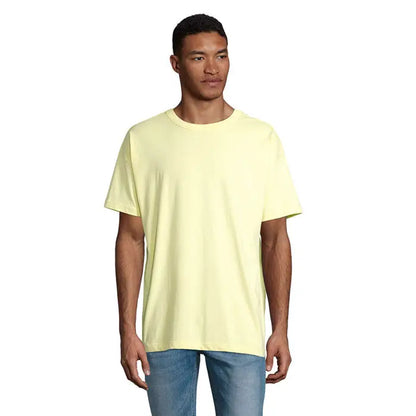 Tricou oversized boxy barbati pal galben din bumbac moale cu maneci scurte si decolteu rotund