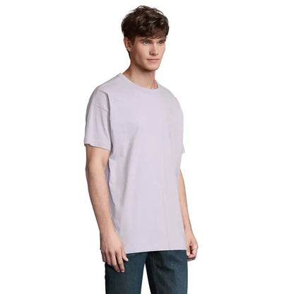 Tricou oversized boxy barbati lavanda din bumbac plain cu croiala relaxata si decolteu rotund simplu