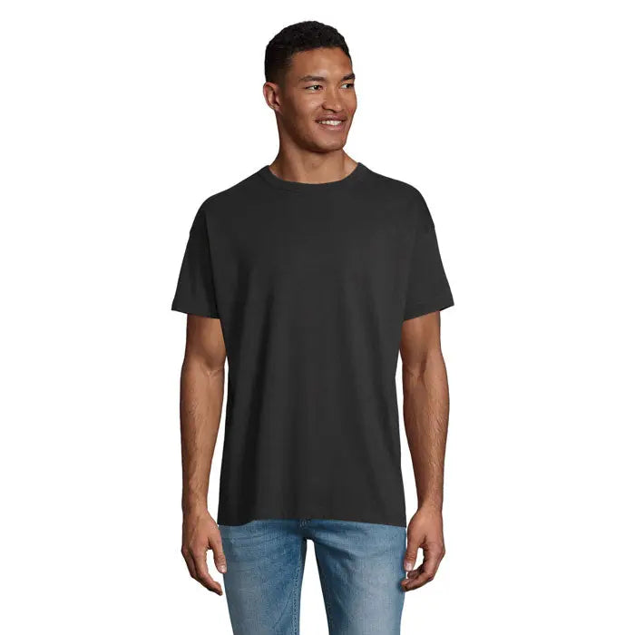 Tricou negru trious oversized boxy barbati cu croiala simpla si clasica din bumbac pentru uz casual