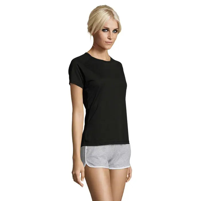 Tricou negru pentru femei triou sportiv dama 140g cu mâneci scurte, guler rotund și material fin și neted