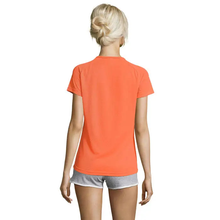 Tricou sportiv dama portocaliu vibrant maneci scurte guler rotund material 140g potrivit pentru activitati sportive