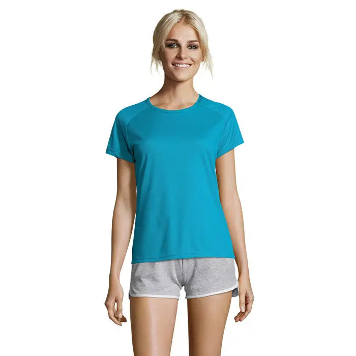 Tricou sportiv damă trionu teal cu mâneci scurte raglan și material ușor de 140g pentru activități sportive