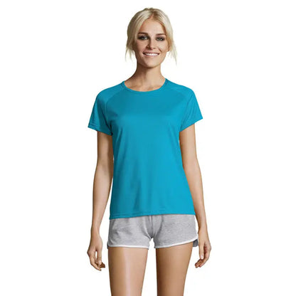 Tricou sportiv dama triou sportiv 140g teal cu maneci scurte raglan si guler rotund din material usor