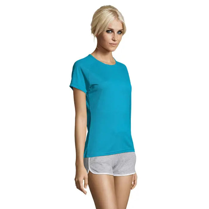 Tricou sportiv dama teal cu maneci scurte, guler rotund și detalii subtile laterale din material 140g