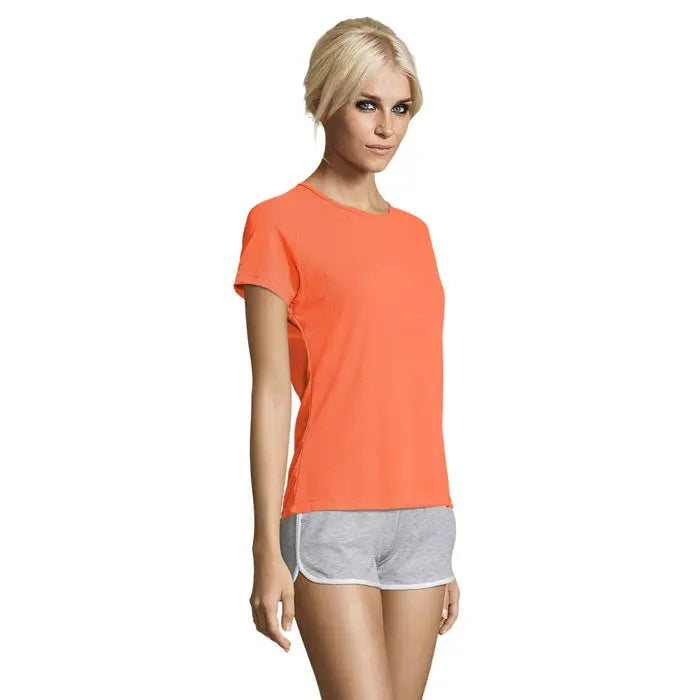 Tricou sportiv dama portocaliu vibrant maneci scurte guler simplu material 140g ideal pentru sport