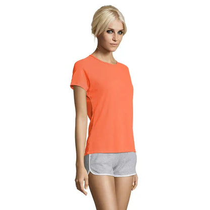 Tricou sportiv dama portocaliu vibrant maneci scurte guler simplu material 140g ideal pentru sport