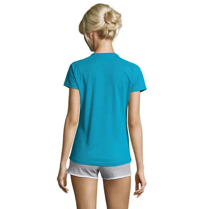 Tricou sportiv dama turcoaz vibrant cu maneci scurte si gat rotund din material 140g ideal pentru sport