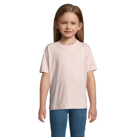 Tric imperial kids 190g este un tricou roz deschis din bumbac simplu cu decolteu rotund clasic si maneci scurte