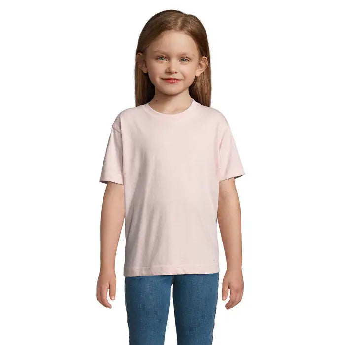 Tricou imperial kids 190g soft roz din bumbac simplu cu guler rotund clasic si maneci scurte