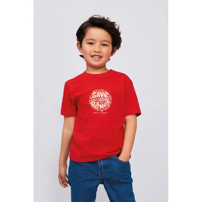 Tricou rosu de copii triuc imperial kids 190g cu maneci scurte si design circular save the planet alb si portocaliu