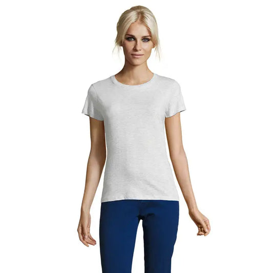 Tricou simplu gri deschis cu mâneci scurte și guler rotund din bumbac 150g triuc regent femei