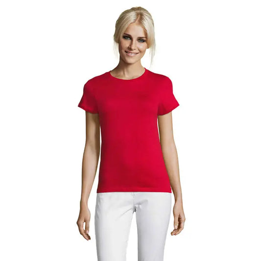 Tricou pentru femei triuc regent 150g rosu vibrant cu maneci scurte si guler rotund clasic din material fin