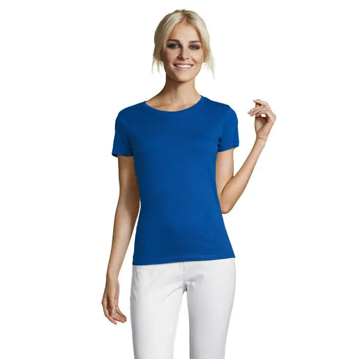 Tricou damă royal blue vibrant cu mâneci scurte și guler rotund clasic din material 150g triuc regent femei