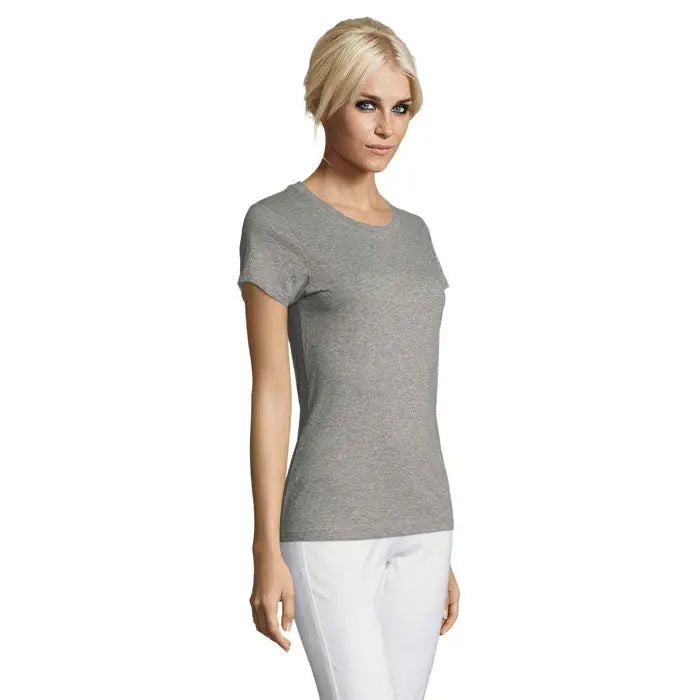 Tricou scurt cu mâneci, gri melanj, material 150g, model TRIUC REGENT FEMEI cu decolteu rotund