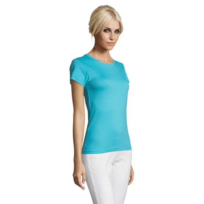 Tricou regent femei triuc turcoaz slim fit cu maneci scurte si guler rotund din material de 150g