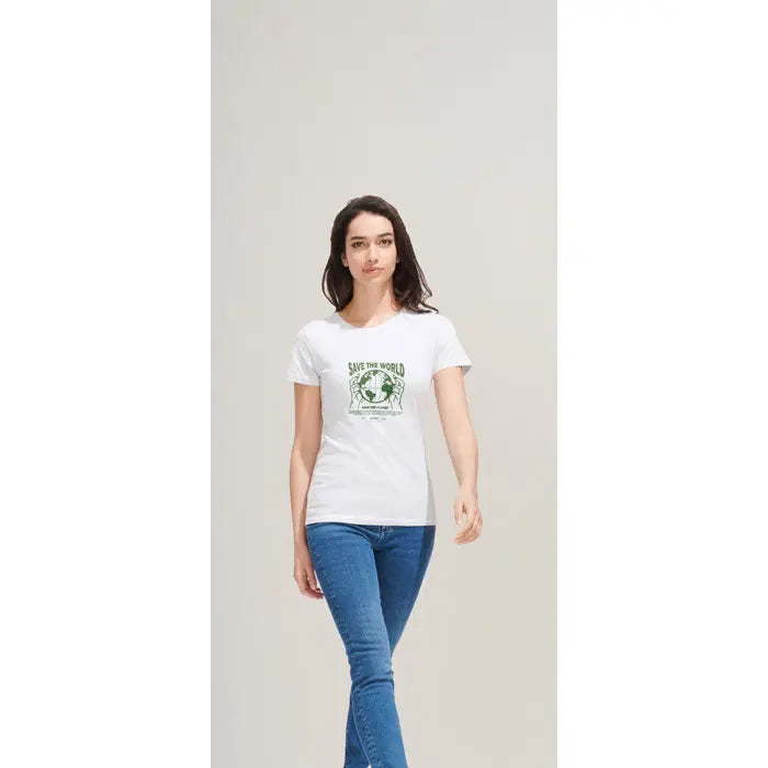 Tricou alb regent femei 150g cu imprimeu verde salvati planeta si design glob pe partea din fata