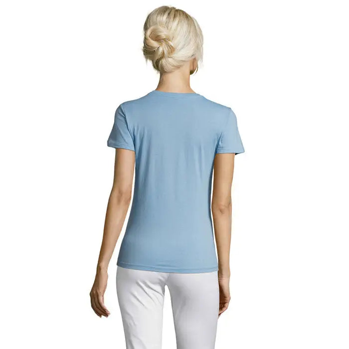 Tricou femei triuc regent bleu deschis cu mâneci scurte și decolteu rotund simplu din material 150g
