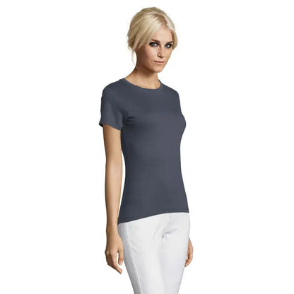 Tricou femei triuc regent gri închis cu mâneci scurte și guler rotund simplu, 150g