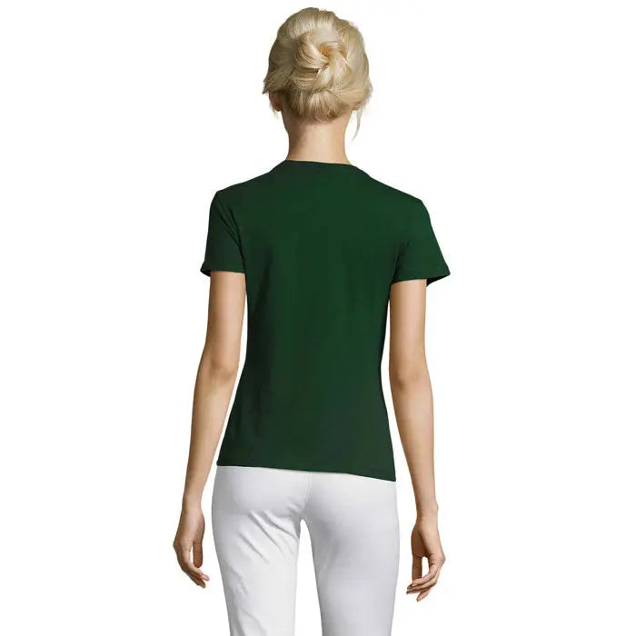 Tricou verde închis cu mâneci scurte și guler rotund simplu din material de 150g triuc regent femei