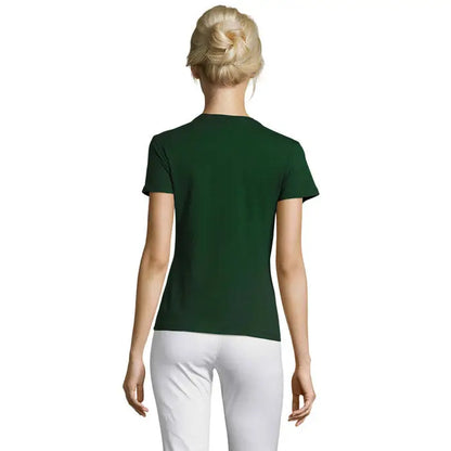 Tricou verde închis cu mâneci scurte și guler rotund simplu din material de 150g triuc regent femei