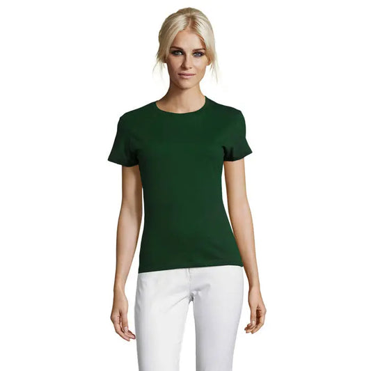 Tricou femei triuc regent verde închis, mâneci scurte, guler rotund, 150g, din bumbac fin
