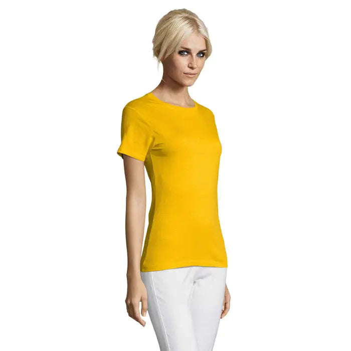 Tricou femei triuc regent 150g galben viu cu mâneci scurte și guler rotund simplu din material ușor