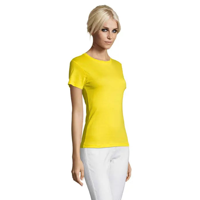 Tricou galben bright cu mâneci scurte și decolteu rotund simplu pentru femei din material de 150g triuc regent femei